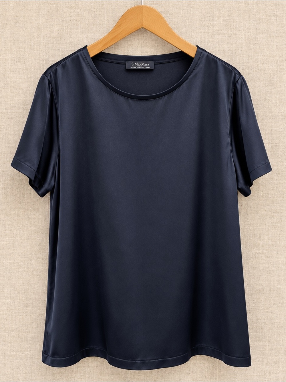 ’S Max Mara Rebecca Satin T-Shirt Navy Fluid Luxury Short Sleeve Top